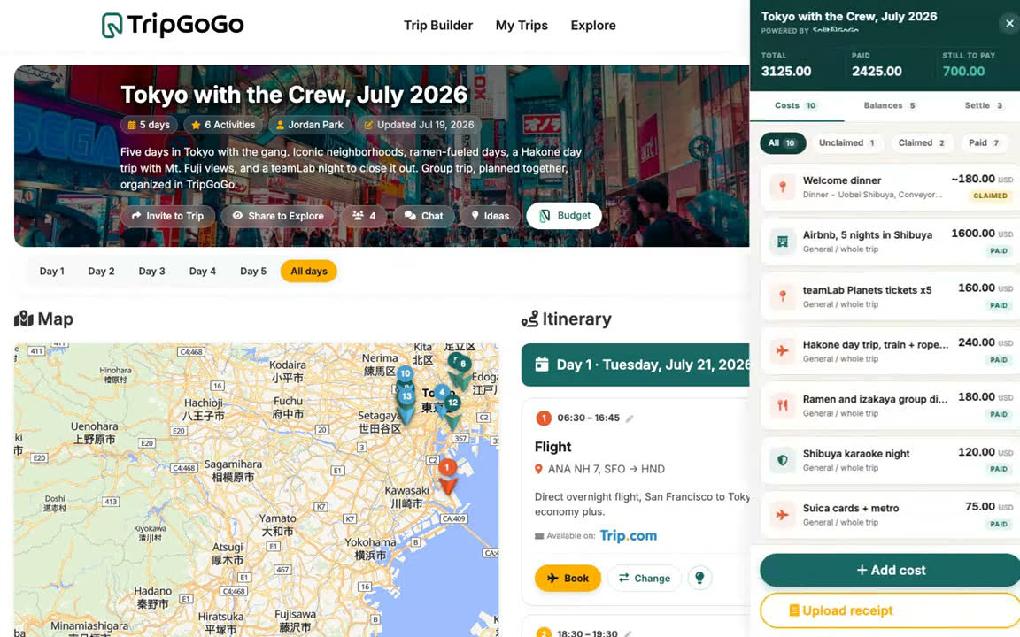 The SplitGoGo budget panel open inside a TripGoGo page.